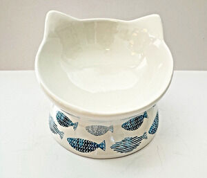 NWT Park Life Designs Raised Oscar Tilt Cat Bowl White Blue Fish 12oz